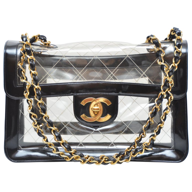 CHANEL Quilted CC Jumbo Double Chain Shoulder Bag Clear Black Vinyl For  Sale at 1stDibs | chanel vinyl bag, chanel vinyl, clear chanel bag