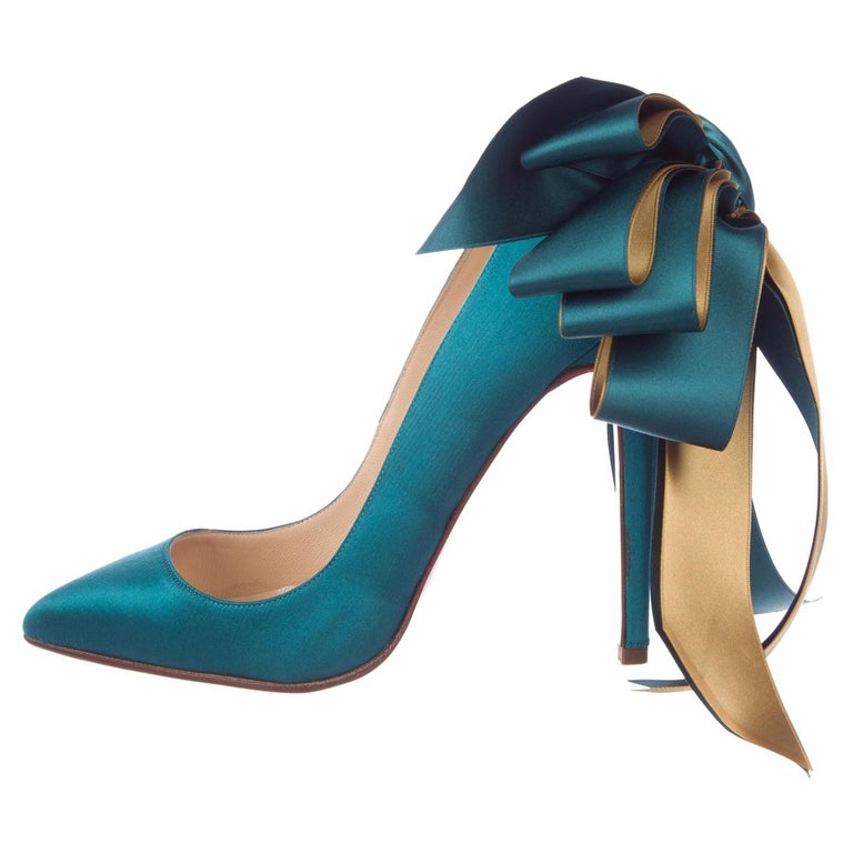 Christian Louboutin NEW Teal Blue Green Satin Gold Evening Heels Pumps ...