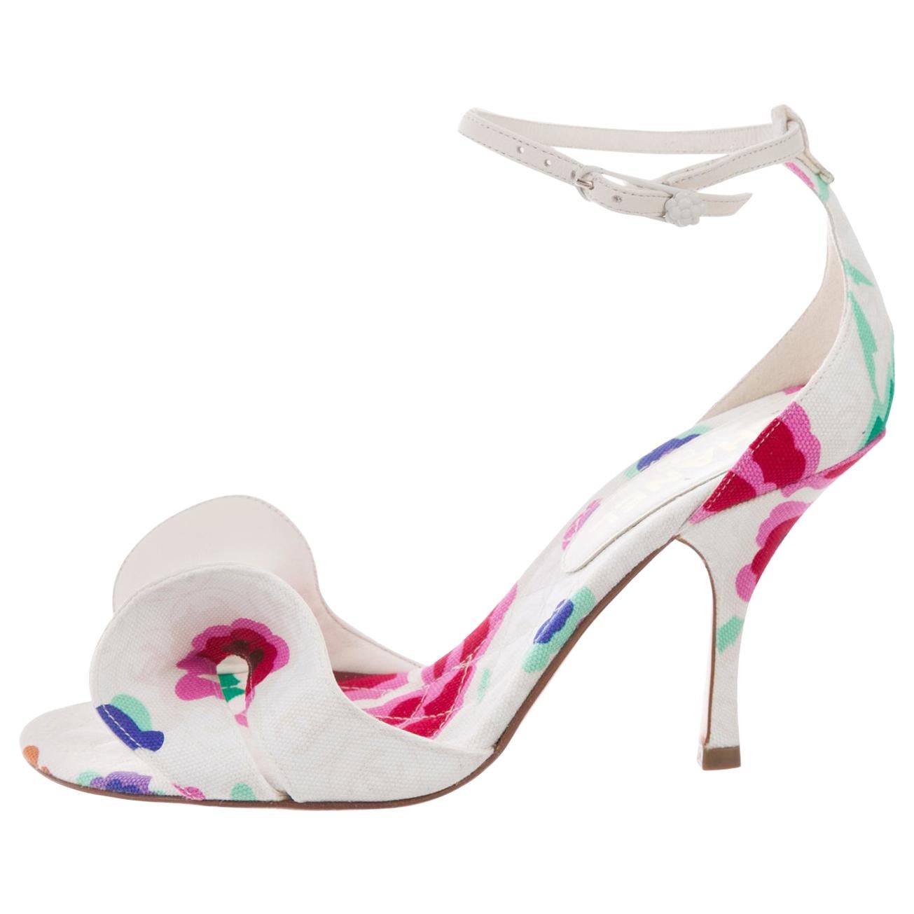 Chanel NEW White Floral Canvas Bow Evening Sandals Heels in Box