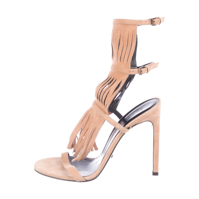 Gucci NEW Nude Blush Suede Fringe Evening Sandals Heels at 1stDibs