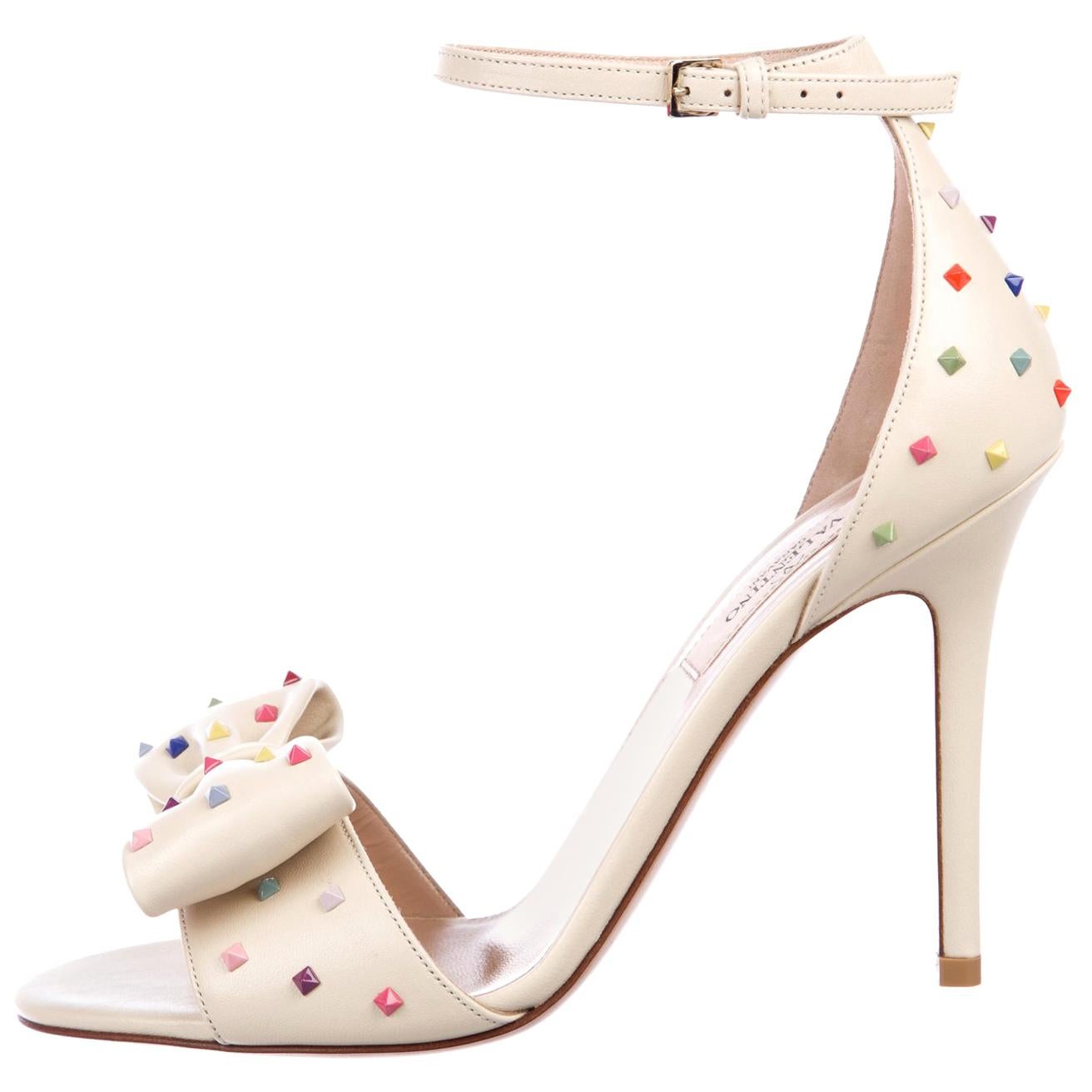 Valentino NEW Ivory Leather Multi Color Stud Evening Sandals Heels in Box