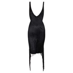 F/W 2002 Gucci by Tom Ford Plunging 20's Flapper Beaded Fringe Black Dress 38
