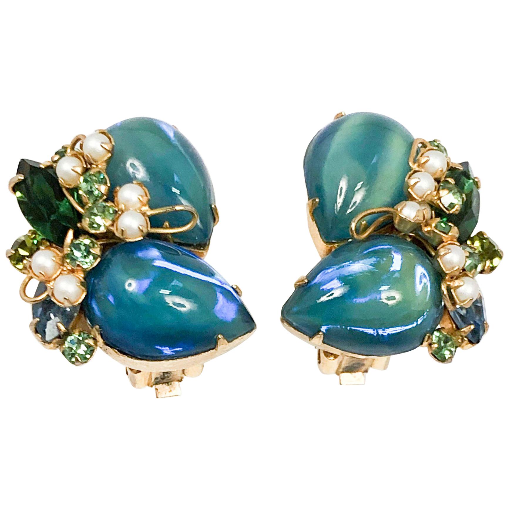 1960s Alice Caviness Blue/Green Clip-on Earrings