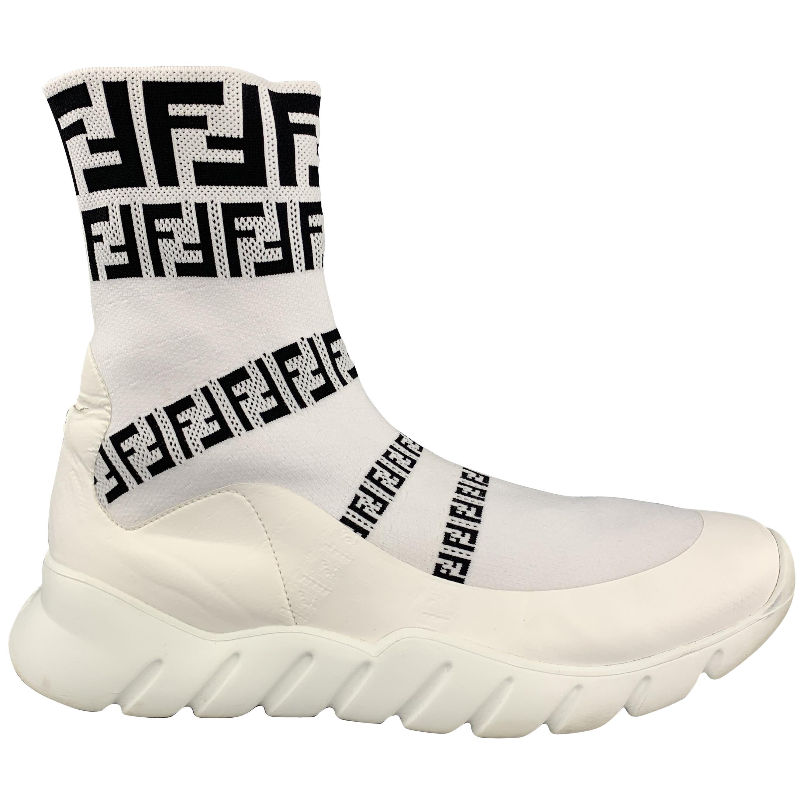 FENDI Size 10.5 White Logo Polyamide Pull On Sneakers For Sale at 1stDibs