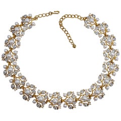 KJL Kenneth Jay Lane Floral Gold Crystal and Faux Pearl Leaf Link Necklace