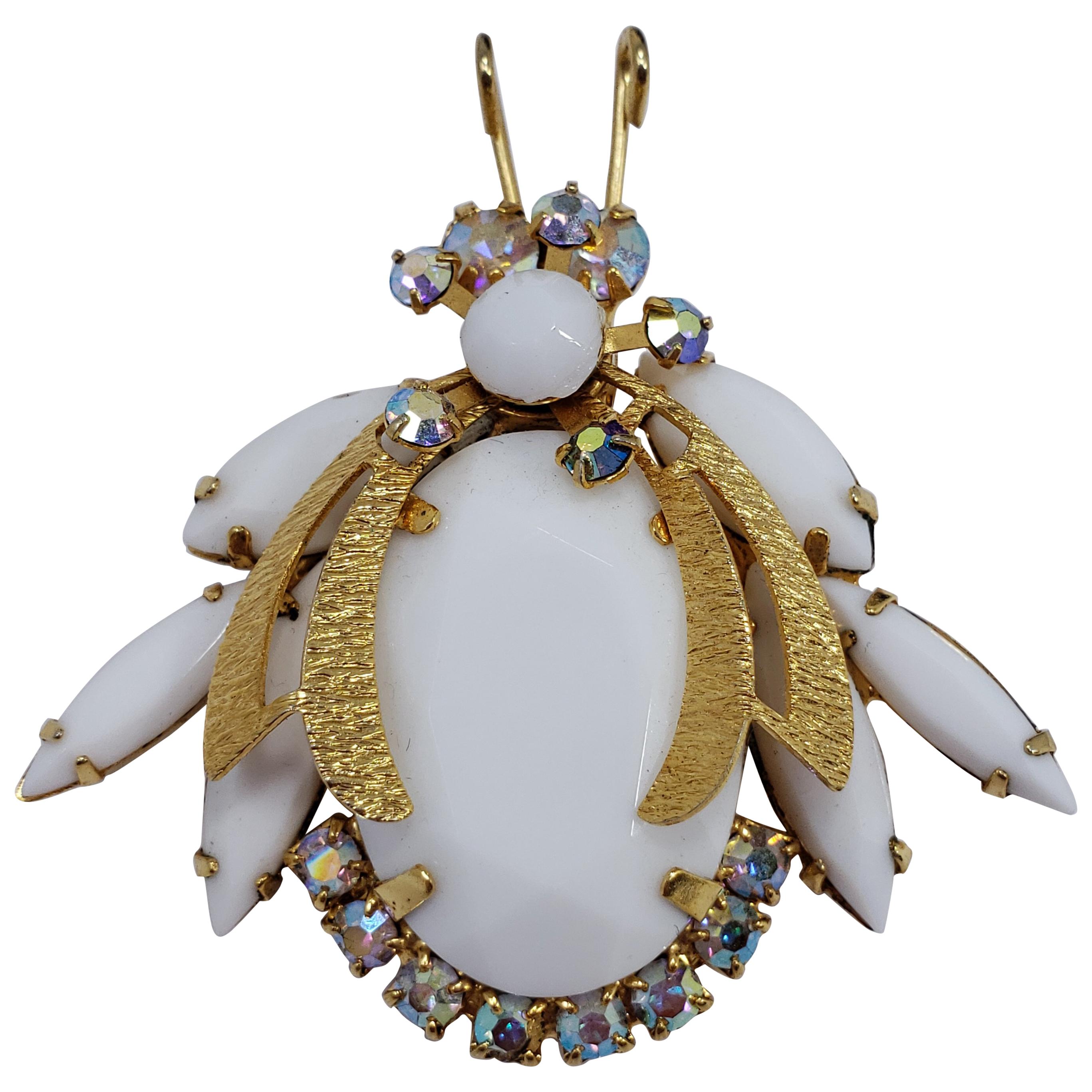 Juliana DeLizza & Elster Aurora Borealis and White Crystal Bug Insect Pin Brooch