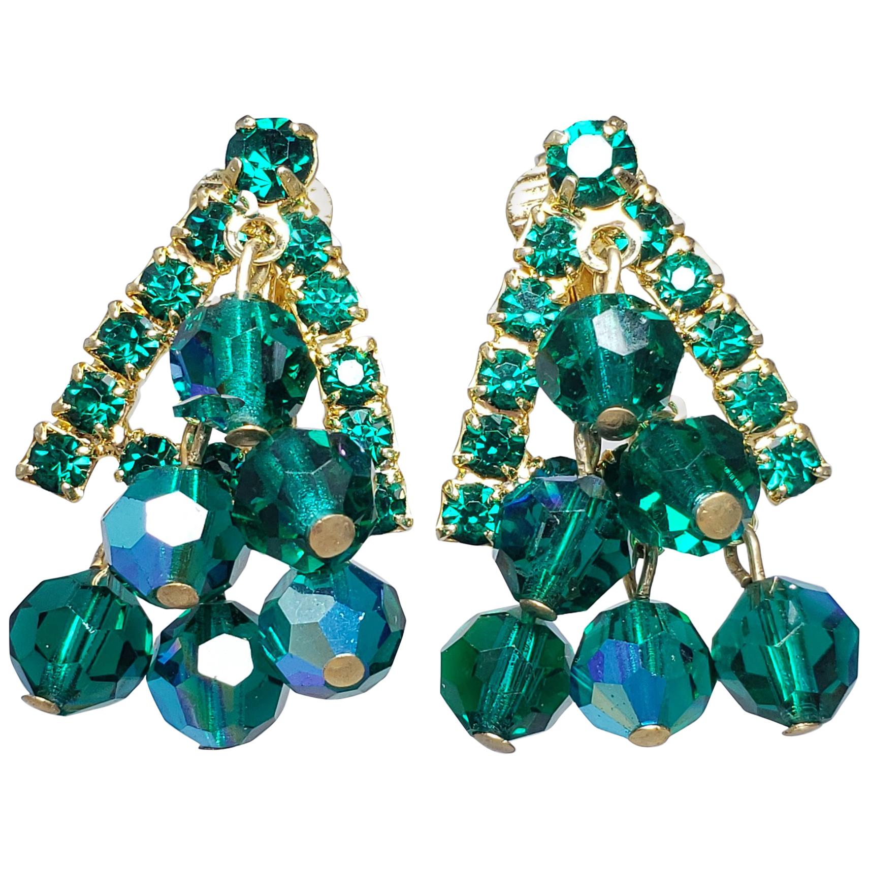 Green Dangling Cluster Crystal Clip on Earrings in Gold, 1900s