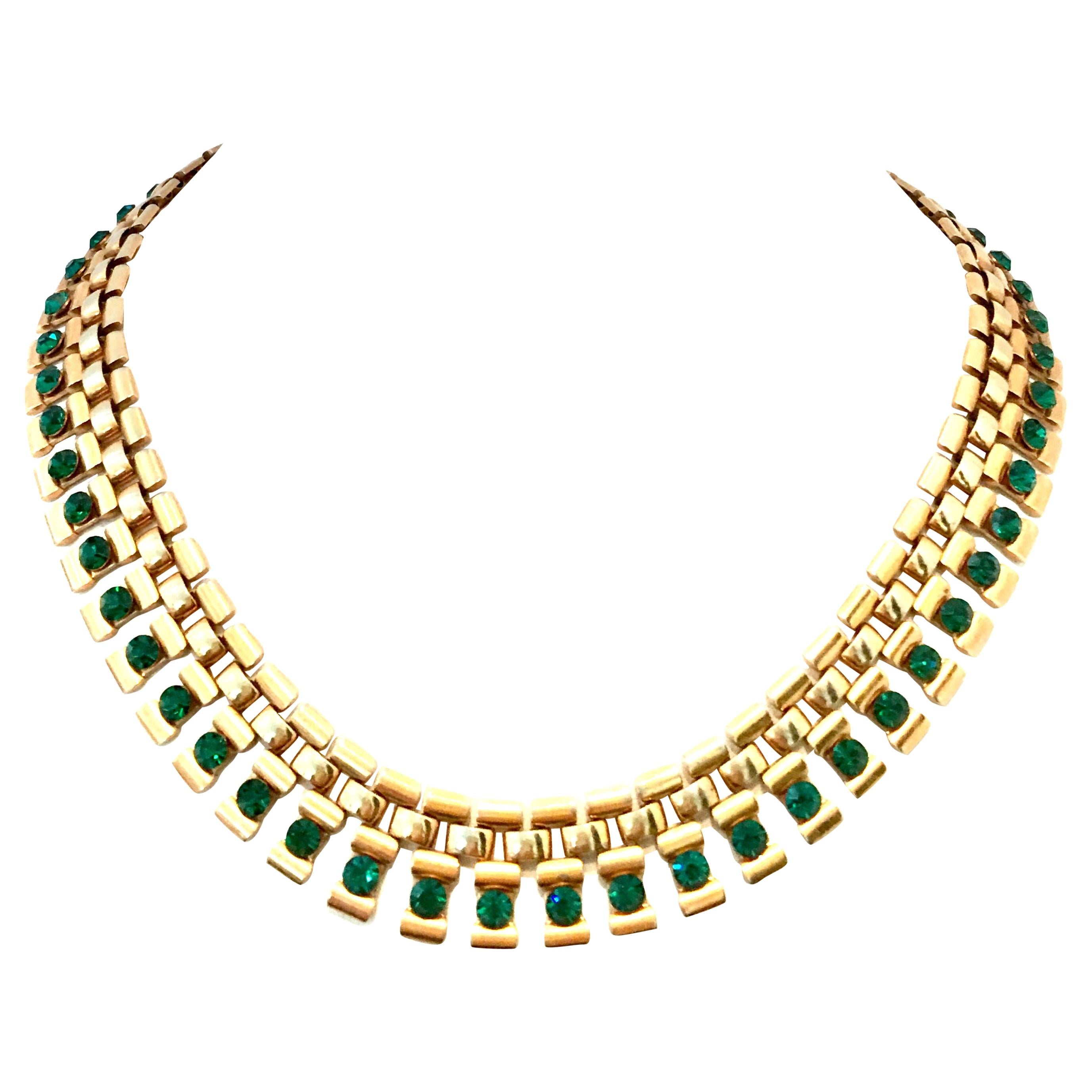 20th Century Gold Plate & Emerald Austrian Crystal Link Choker Style Necklace For Sale