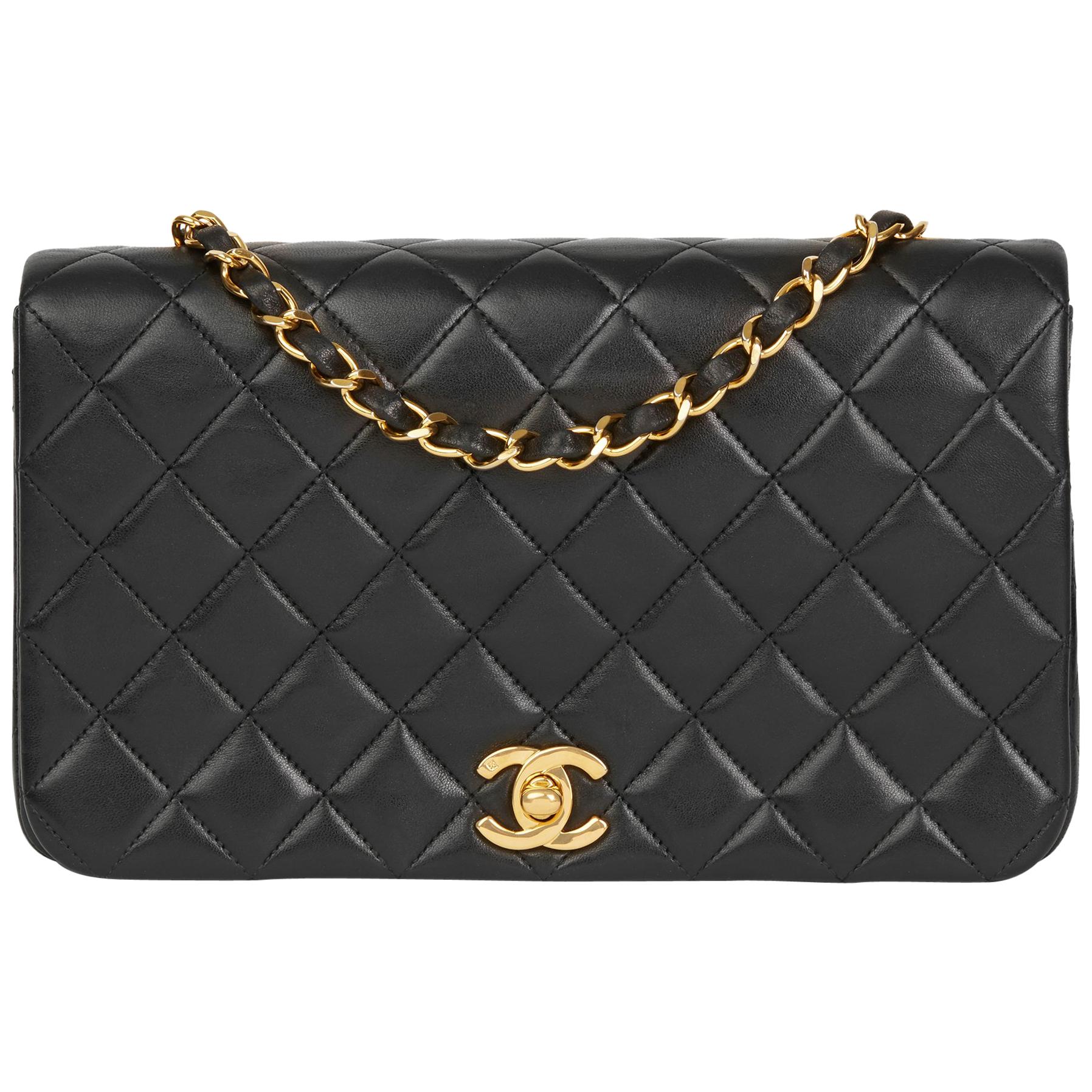 1990 Chanel Black Quilted Lambskin Vintage Small Classic Single Full Flap Bag