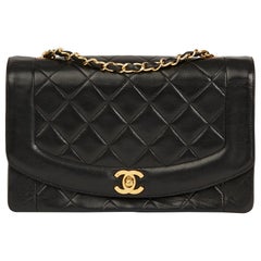 1990 Chanel Black Quilted Lambskin Vintage Medium Diana Classic Single Flap Bag