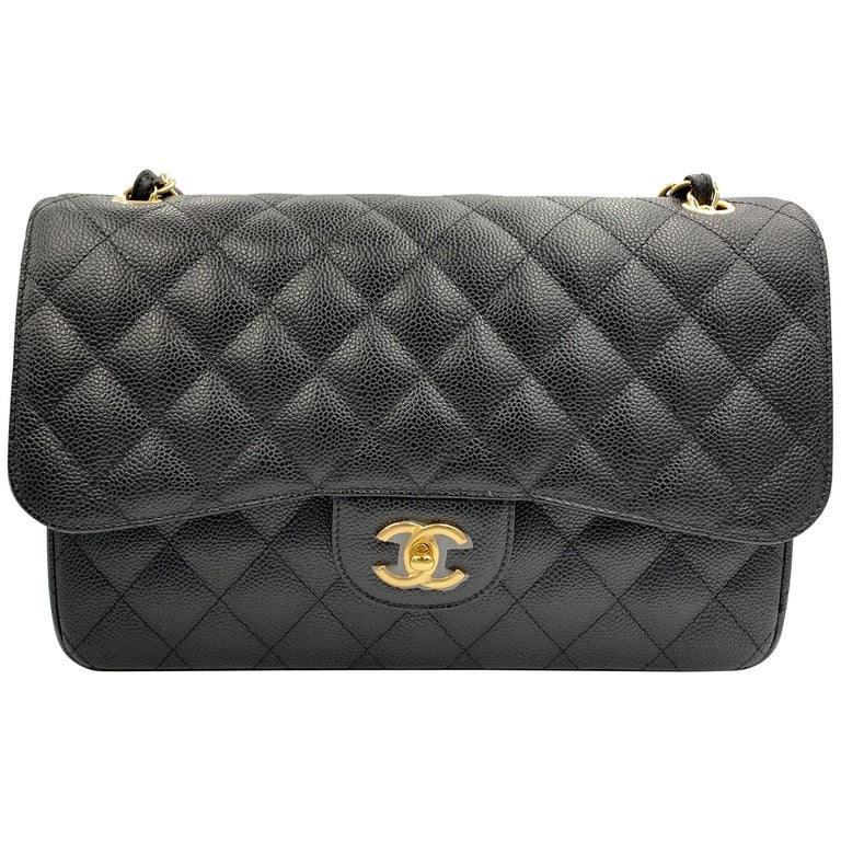 Chanel Jumbo Black Quilted Caviar Maxi Classic Double Flap Gold Tone