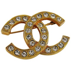Chanel Vintage Gold Toned Crystal Classic CC Brooch