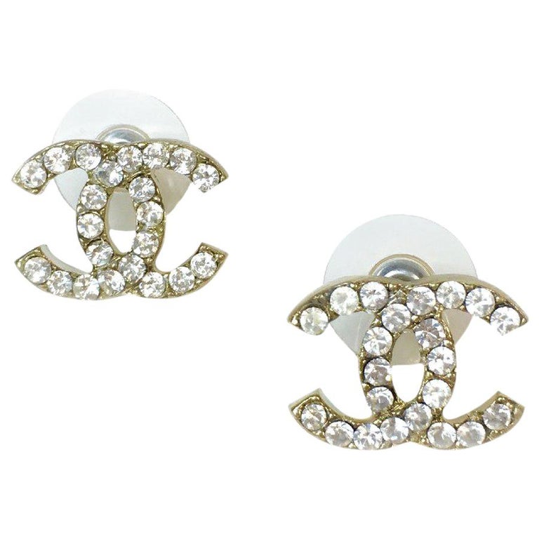 CHANEL CC Stud Earrings in Gilt Metal and Rhinestones at 1stDibs