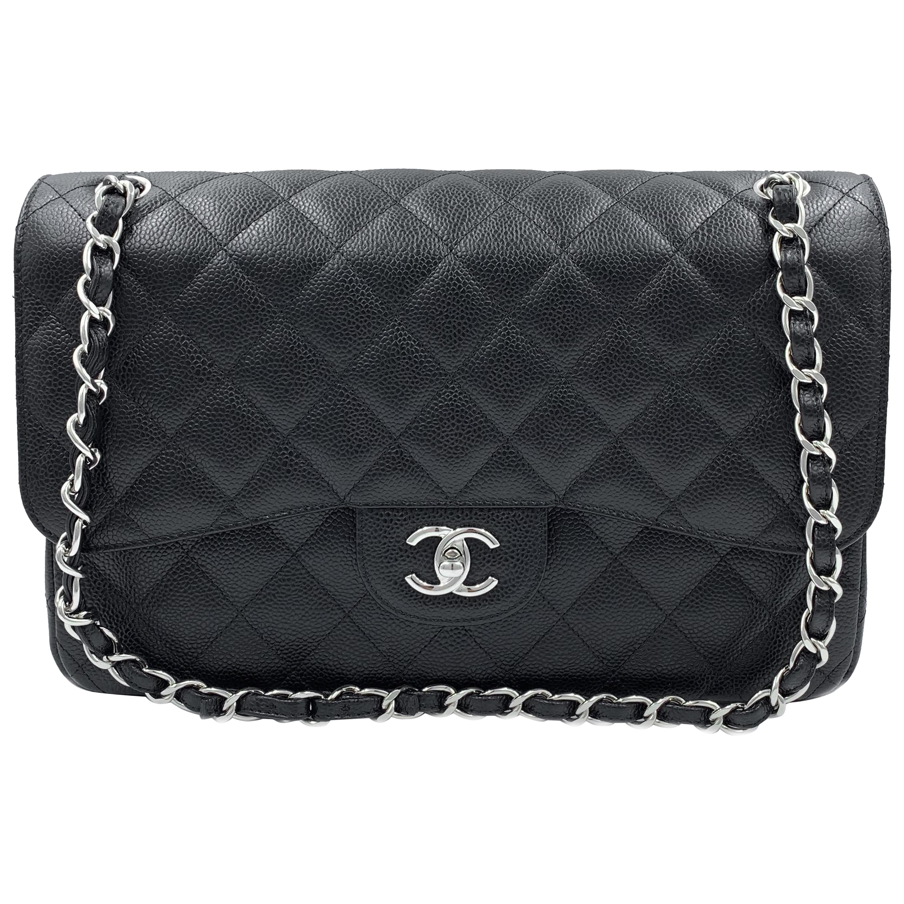 Chanel Classic Jumbo Double Flap Caviar Silver Hardware Leather Black Bag 