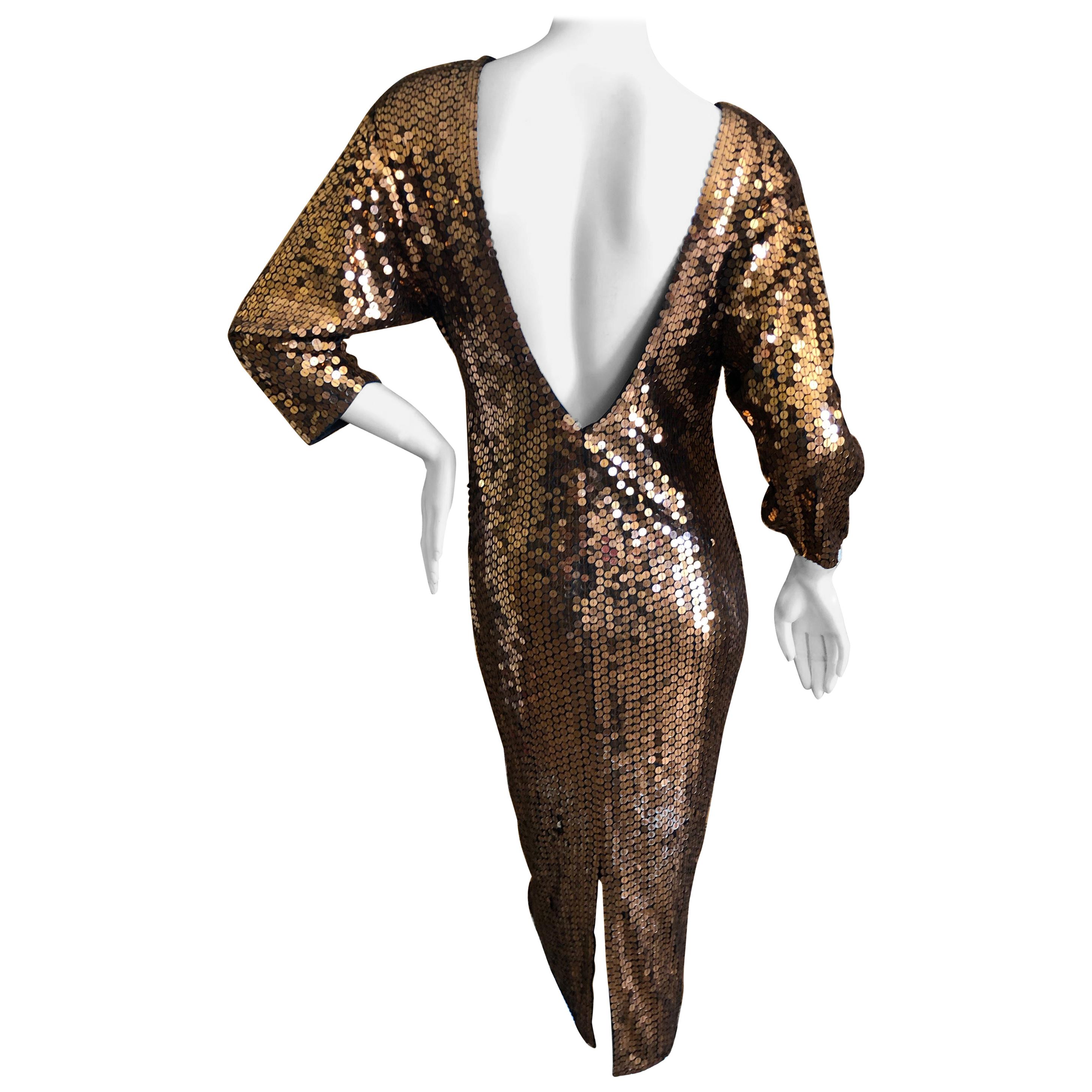 Oleg Cassini 1970's Bronze Sequin Disco Era Dress with Low Cut Back For Sale