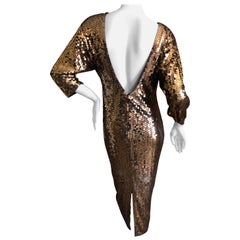 Oleg Cassini 1970's Bronze Sequin Disco Era Dress with Low Cut Back