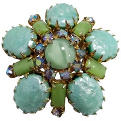 Aurora Borealis Crystal and Opaque Green Cabochon Round Pin Brooch, Mid 1900s
