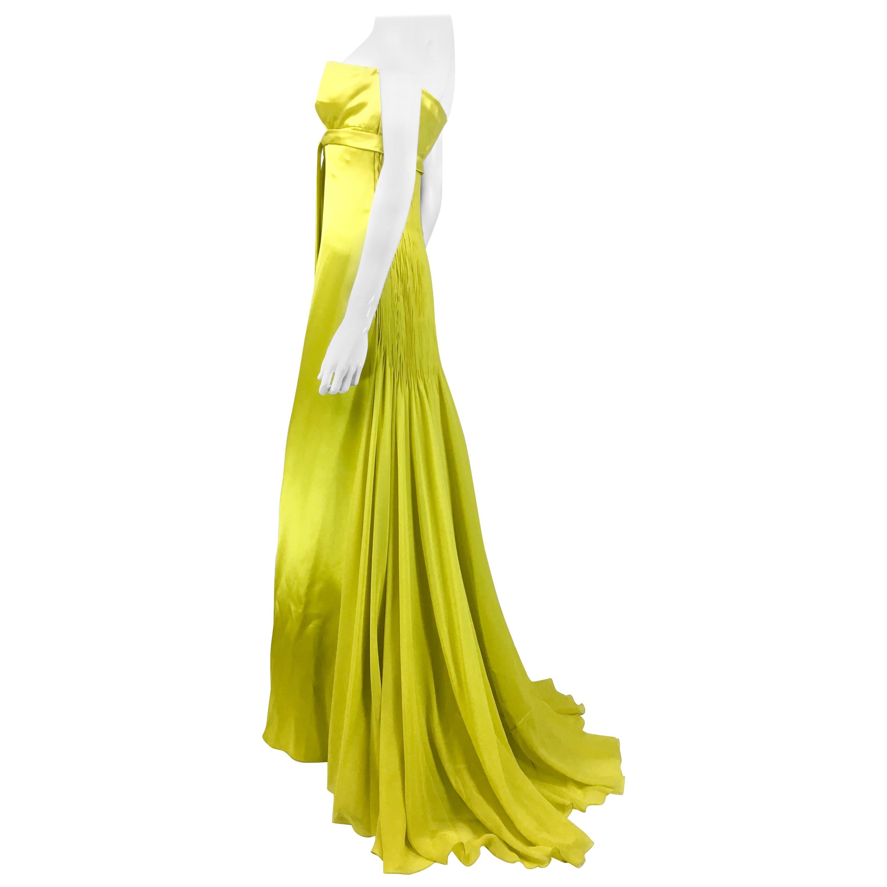1990's Valentino Chartreuse Silk Evening Gown