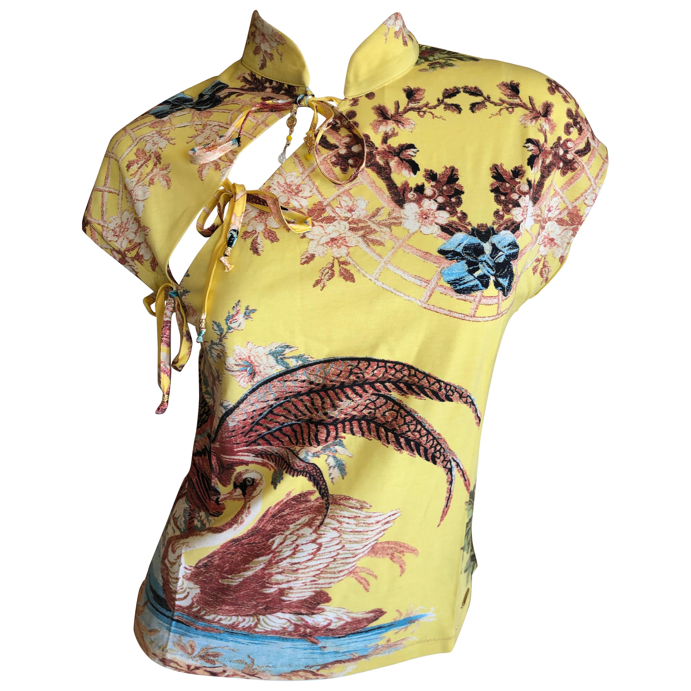 Roberto Cavalli Spring 2003 Silk Cheongsam Style Floral Top Size Large For Sale