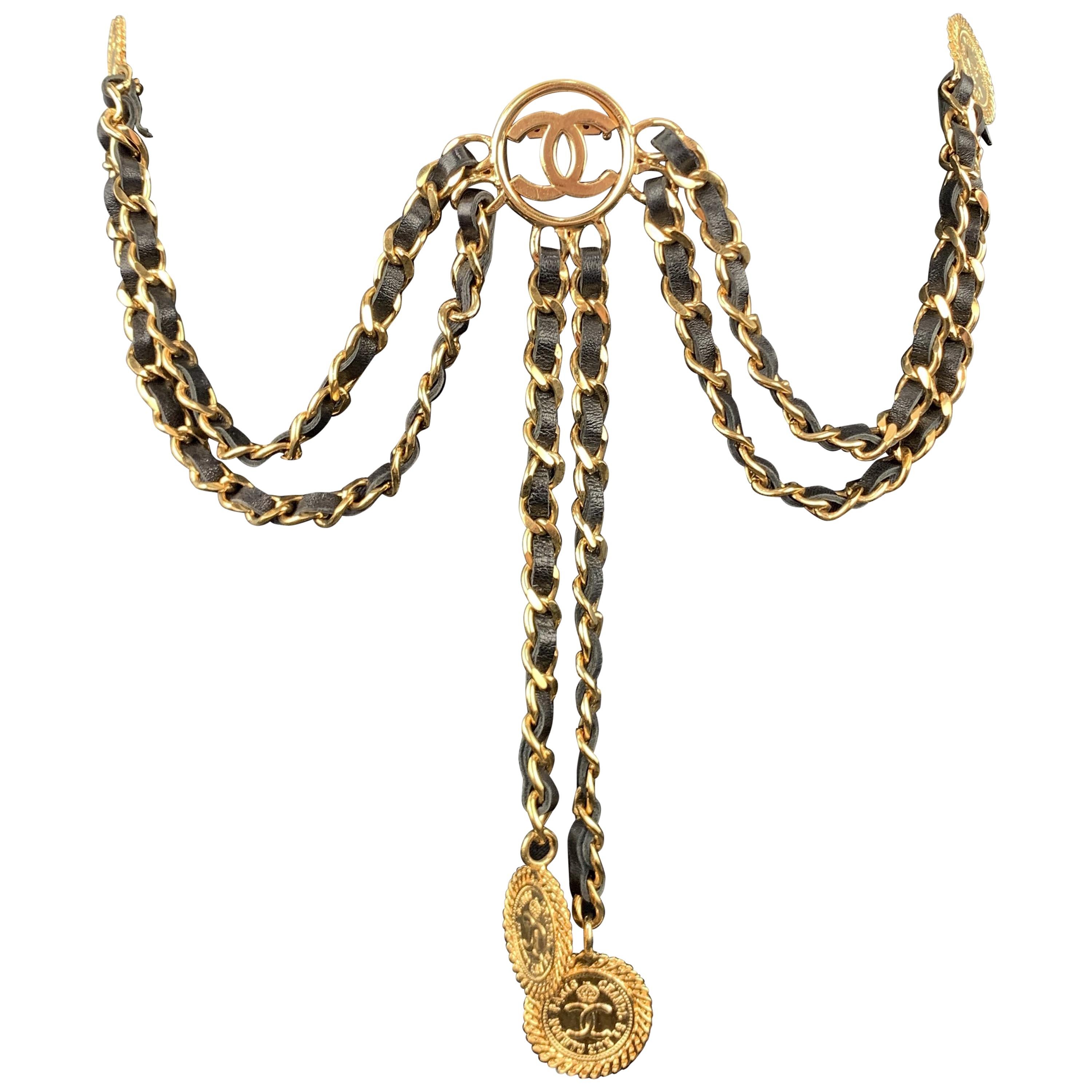 CHANEL Gold Tone Metal Leather Chain Triple 3 Pin Chatelaine Brooch - Season 28