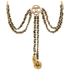 CHANEL Gold Tone Metal Leather Chain Triple 3 Pin Chatelaine Brooch - Season 28