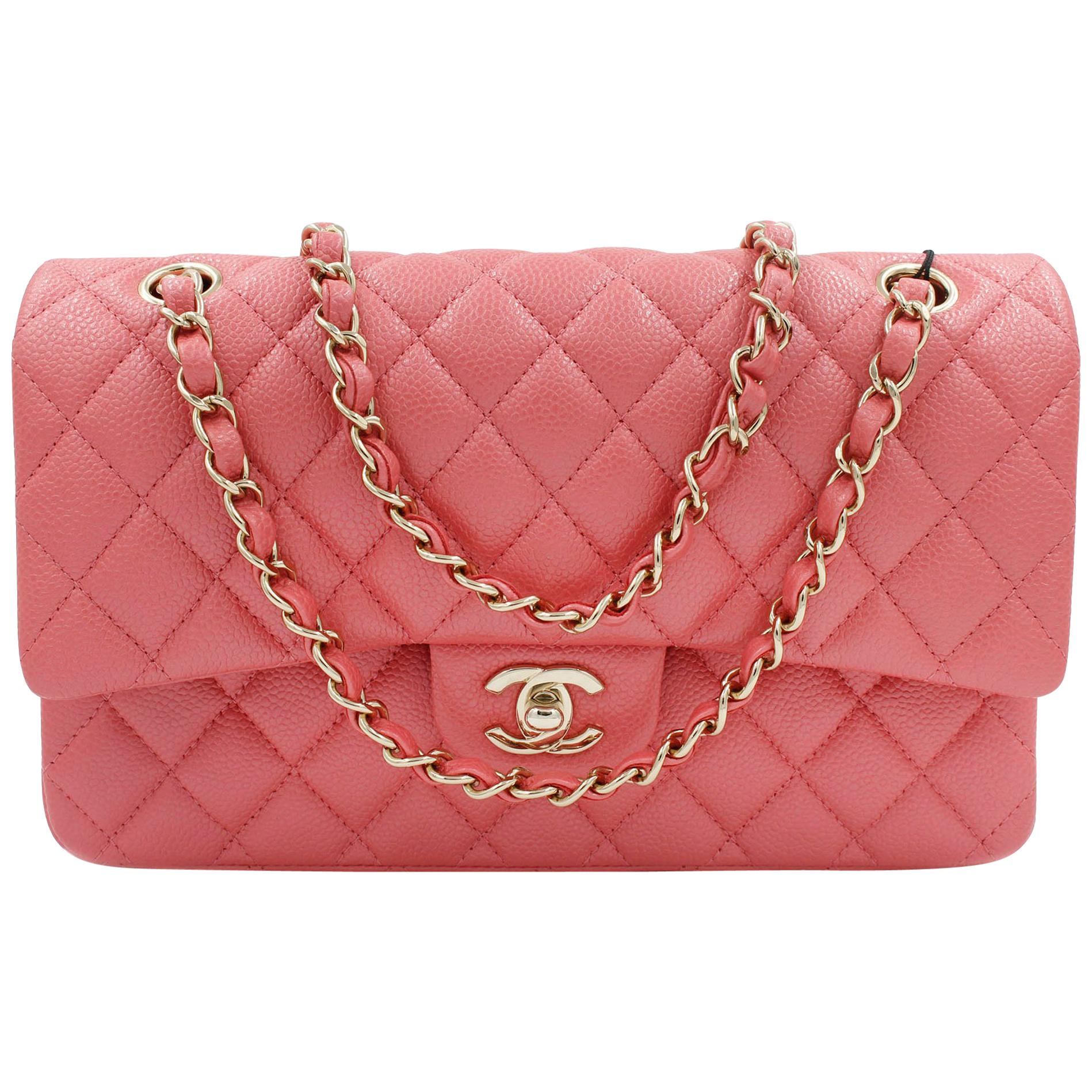 Chanel Pink Shiny Quilted Caviar Medium Classic Double Flap Bag 