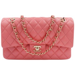 Chanel Pink Shiny Quilted Caviar Medium Classic Double Flap Bag 