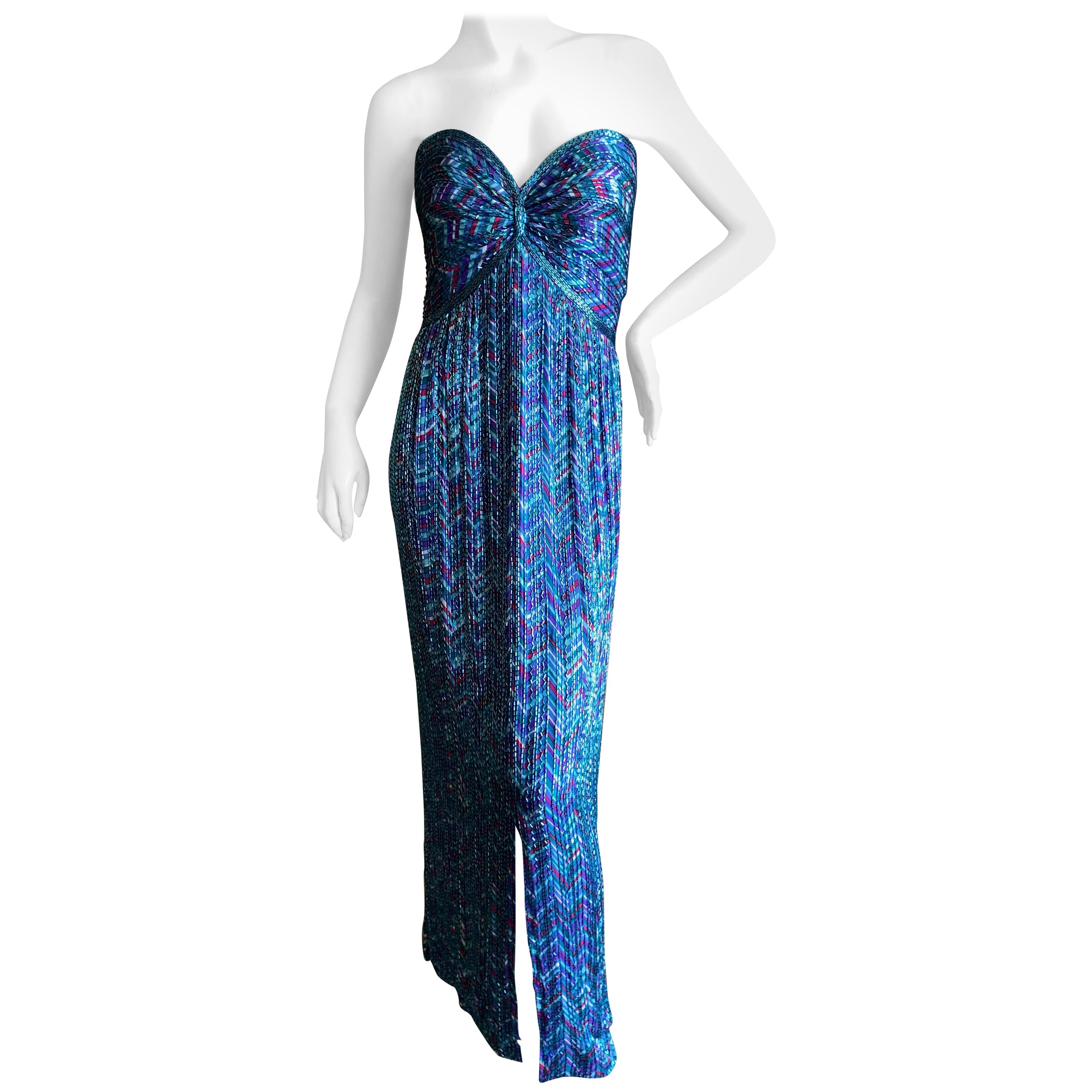 Bob Mackie Vintage 70's Strapless Bugle Beaded Embellished Silk Evening Dress 12 For Sale