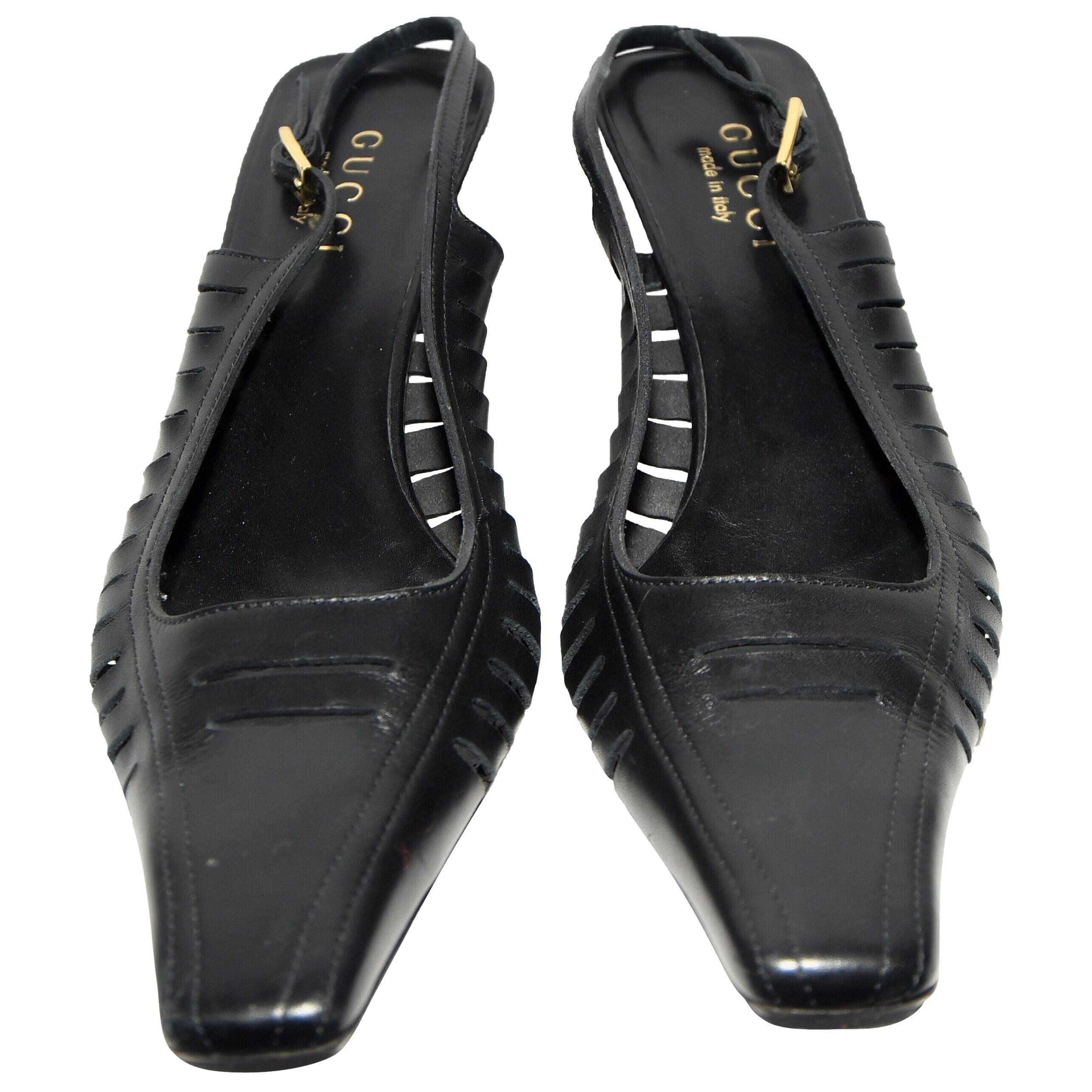 Gucci Black Leather Pumps Square Pointed Toe Size 39 For Sale