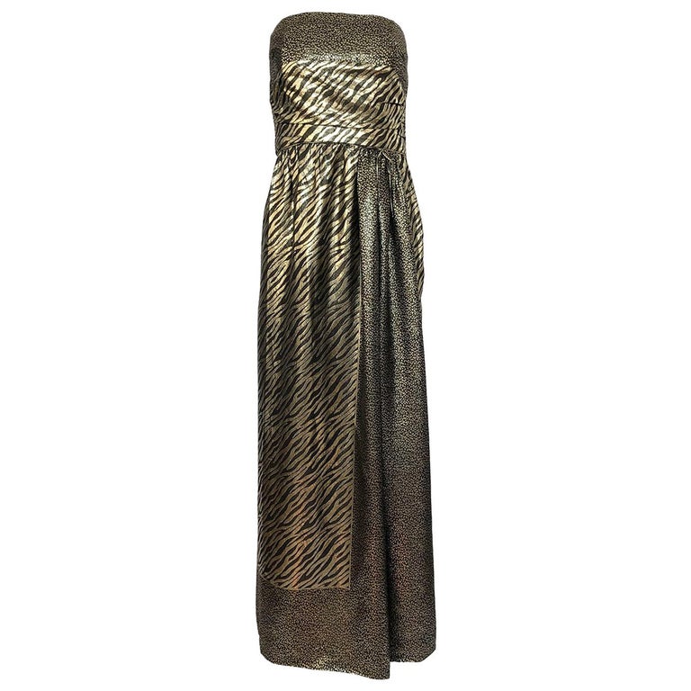 1970s Pauline Trigere Strapless Gold and Black Lame Dress and Huge ...