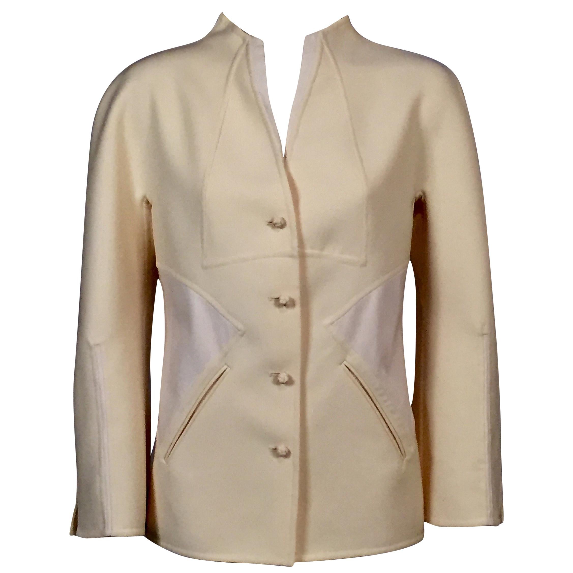 Chado Ralph Rucci Cream Wool Jacket with Pieced White Leather Panels 