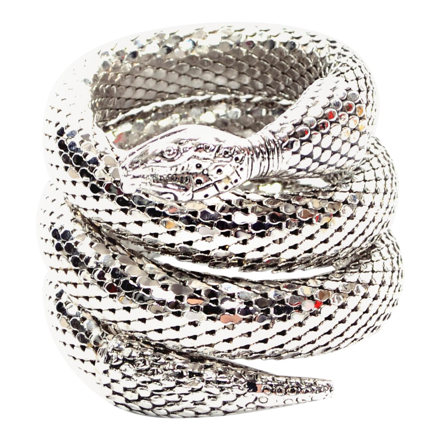 Vintage Whiting & Davis 1970s Silver Mesh Coil Snake Bracelet