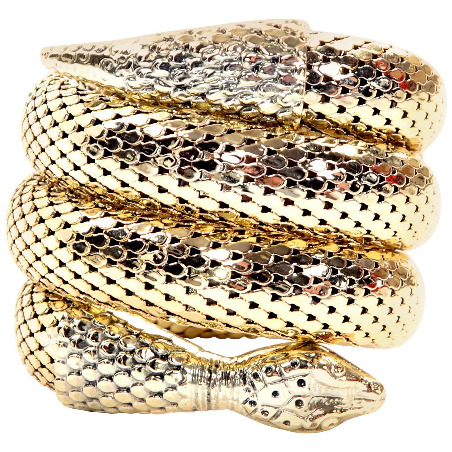 1970s Gold Mesh Whiting & Davis Vintage Coil Snake Bracelet