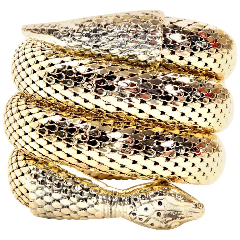 1970s Gold Mesh Whiting and Davis Vintage Coil Snake Bracelet at