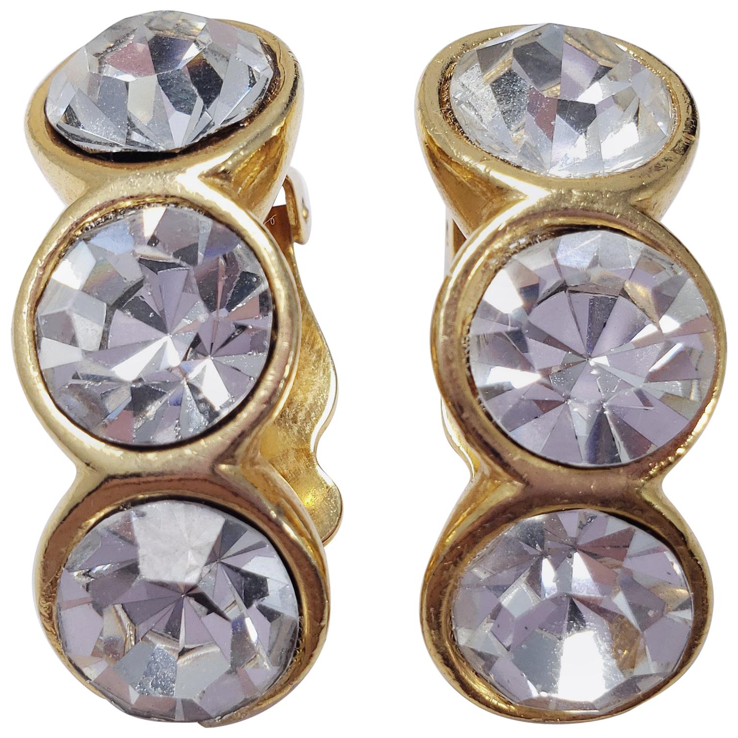 Large Clear 3 Crystal Clip On Earrings in Gold Tone, Mid 1900s