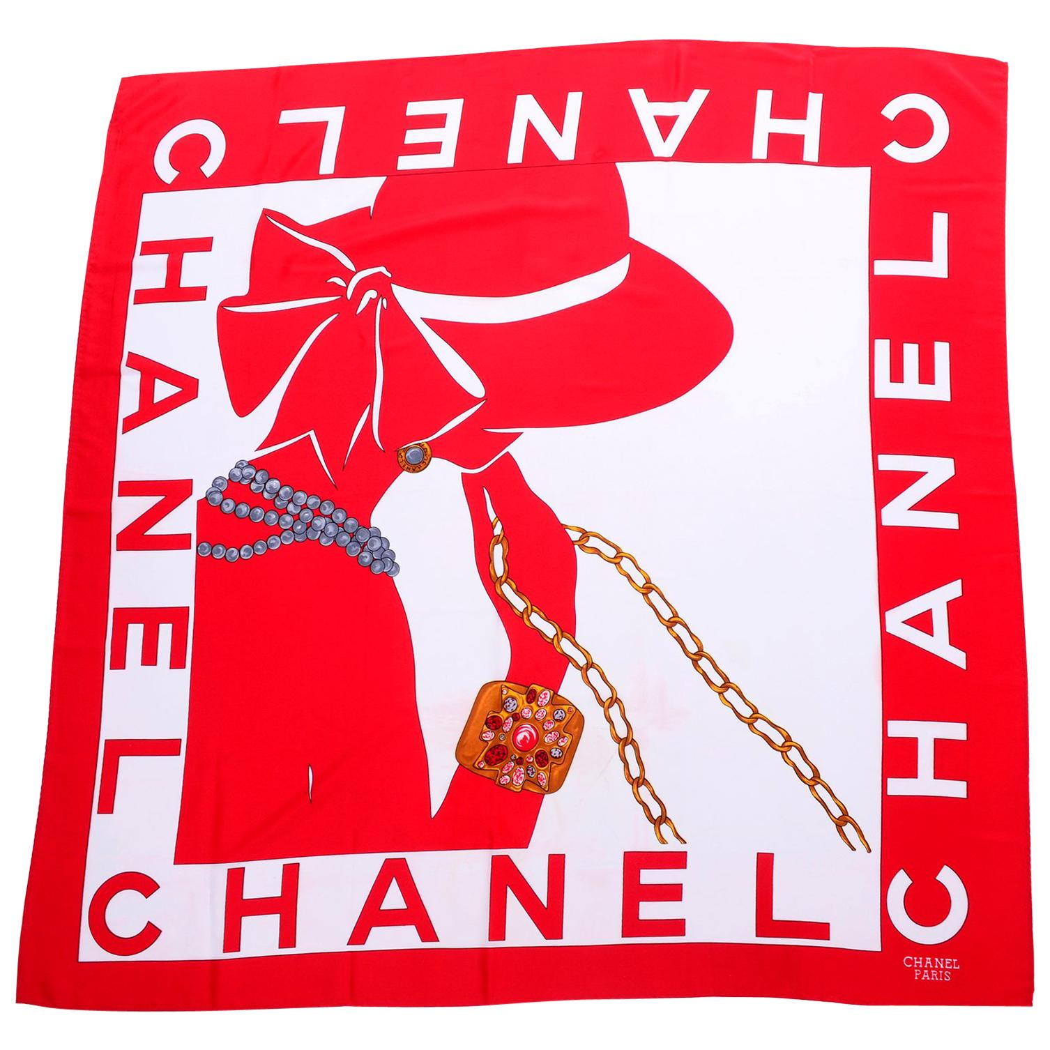 1990s Chanel Red & White Silk Scarf W/ Woman in Hat Earrings  & Pearls