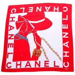 1990s Chanel Red & White Silk Scarf W/ Woman in Hat Earrings & Pearls