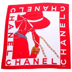 Vintage 1990s Chanel Red & White Silk Scarf W/ Woman in Hat Earrings  & Pearls