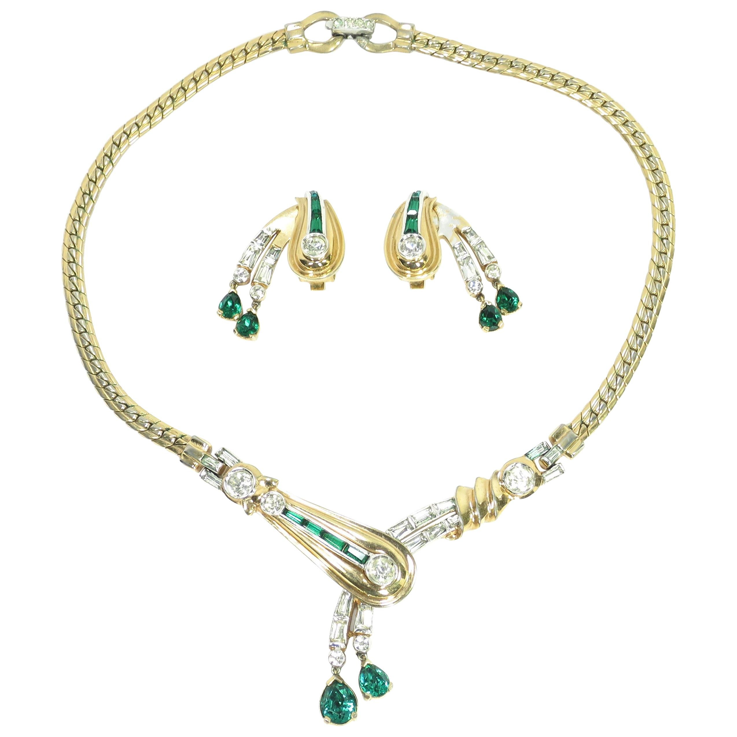 Mazer Bros. Gold & Rhodium Emerald Asymmetrical Necklace & Earrings Set, 1940s For Sale