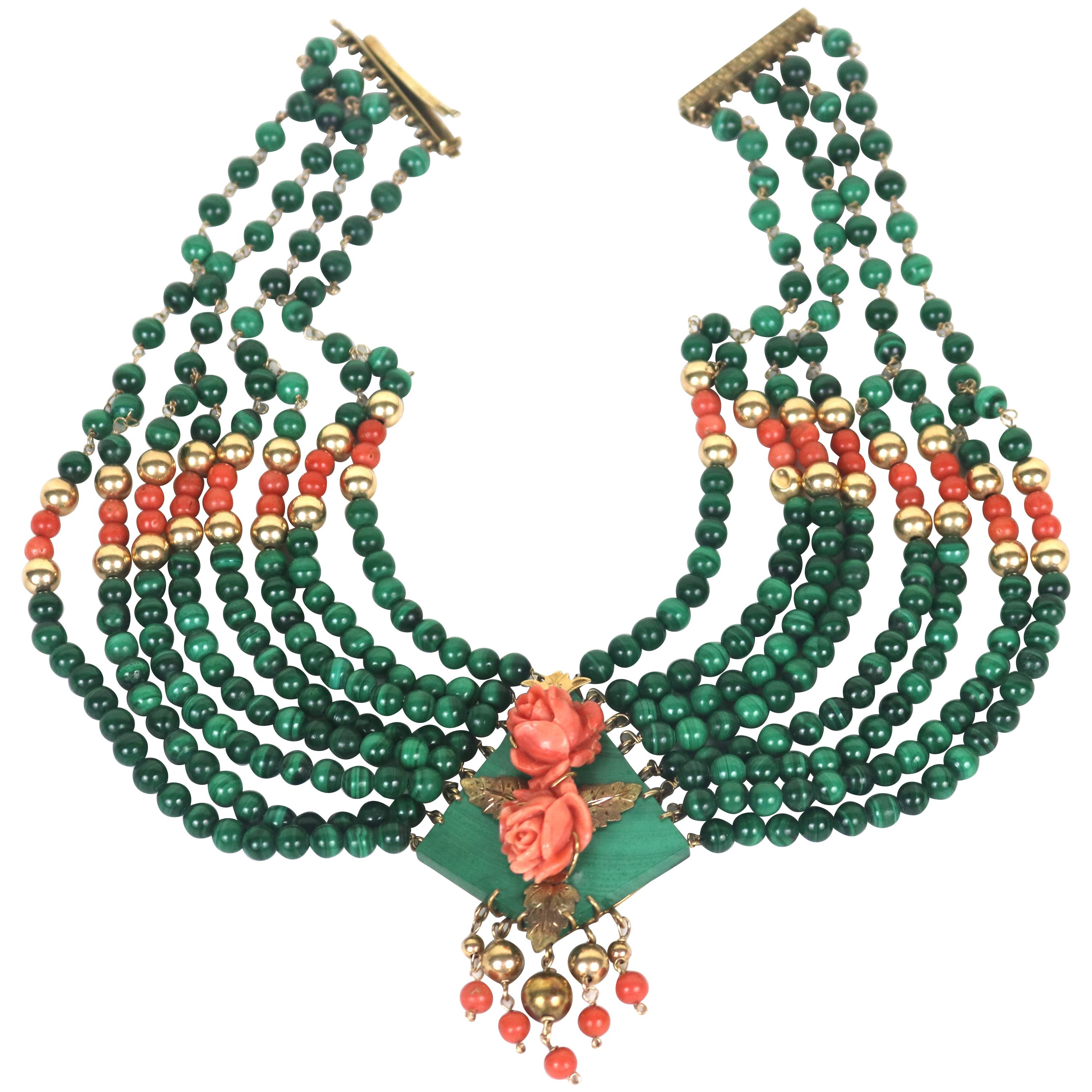 14K Gold Eight Strand Malachite Diamond, Coral Collar Necklace- Stunning For Sale