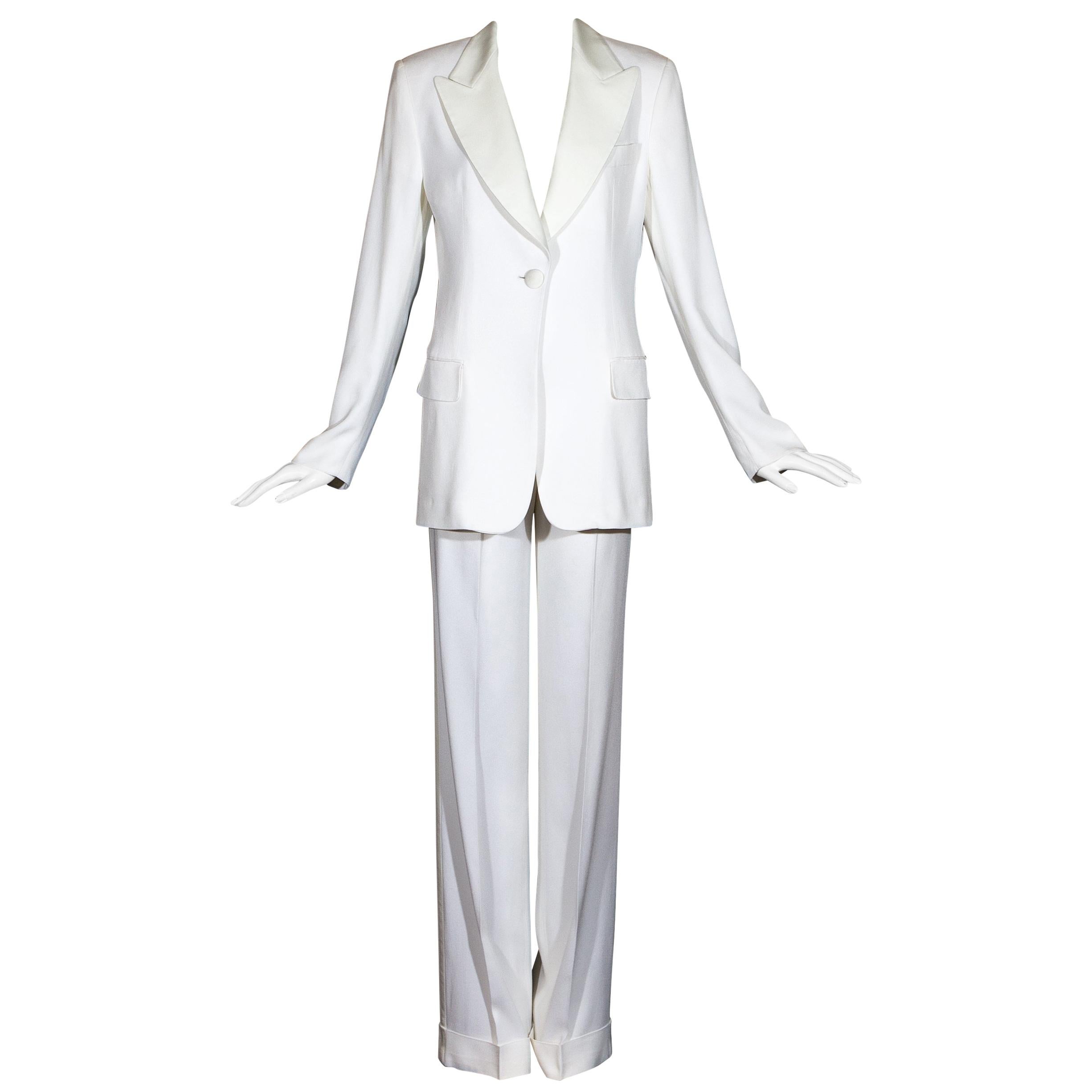 Dolce & Gabbana white crepe and satin Bianca Jagger pant suit, ss 1995 For Sale