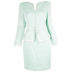 Escada Couture Vintage Mint Star Pattern Brocade & Silk Satin Skirt Suit, 1990s