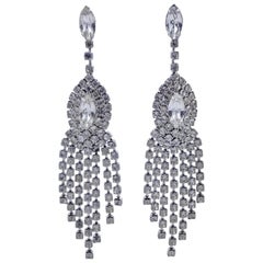 Silver Plated and Clear Rhinestone Chandelier Statement Earrings, circa 1970s