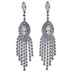 Retro Silver Plated and Clear Rhinestone Chandelier Statement Earrings, circa 1970s 