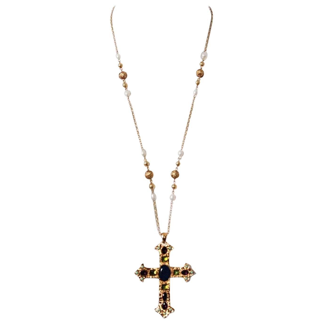 1972 Christian Dior Signed Huge Jeweled Rhinestone Golden Cross Pendant Necklace