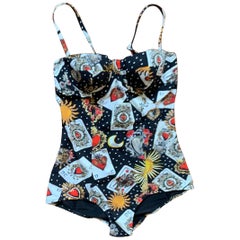 New Dolce & Gabbana Black Playing Card Print One Piece Bathing Suit Swim Suit