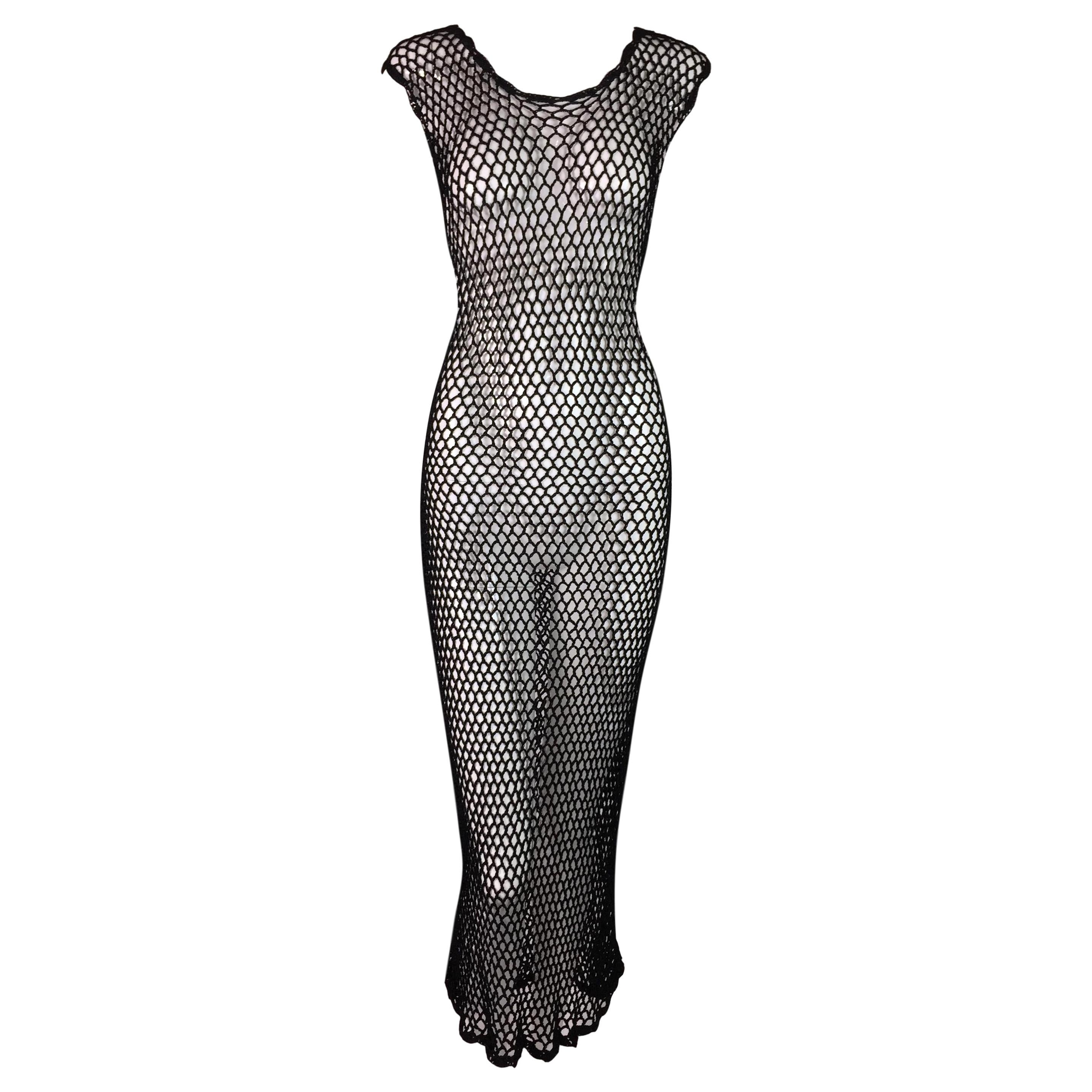 F/W 1995 Dolce & Gabbana Black Knit Sheer Fishnet Maxi Dress M