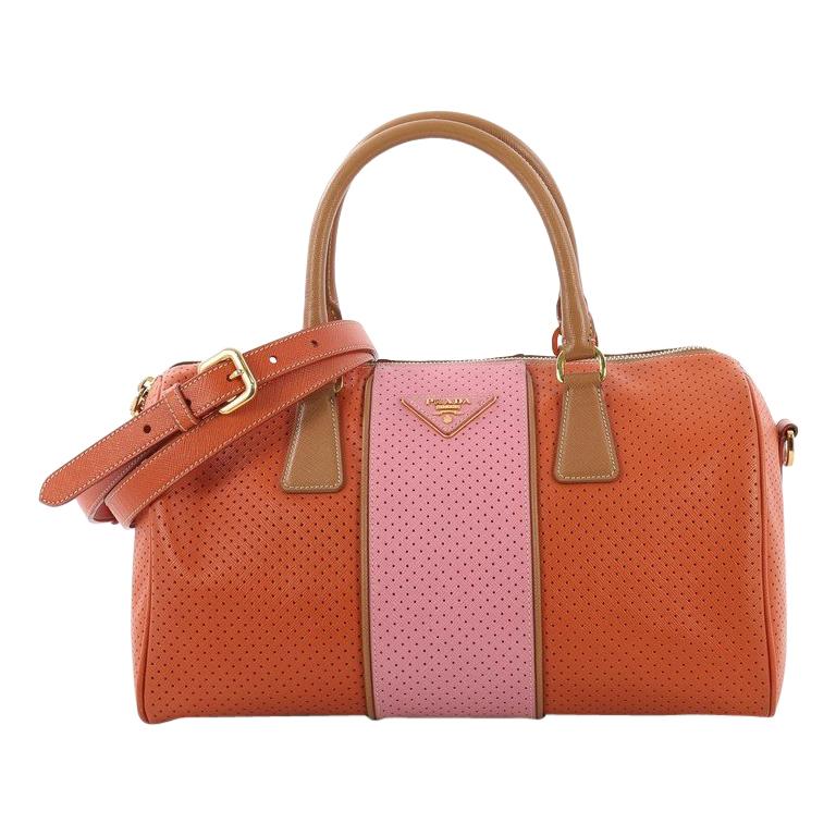 PRADA Bowling Perforated Saffiano Leather Satchel Bag Pink/Yellow