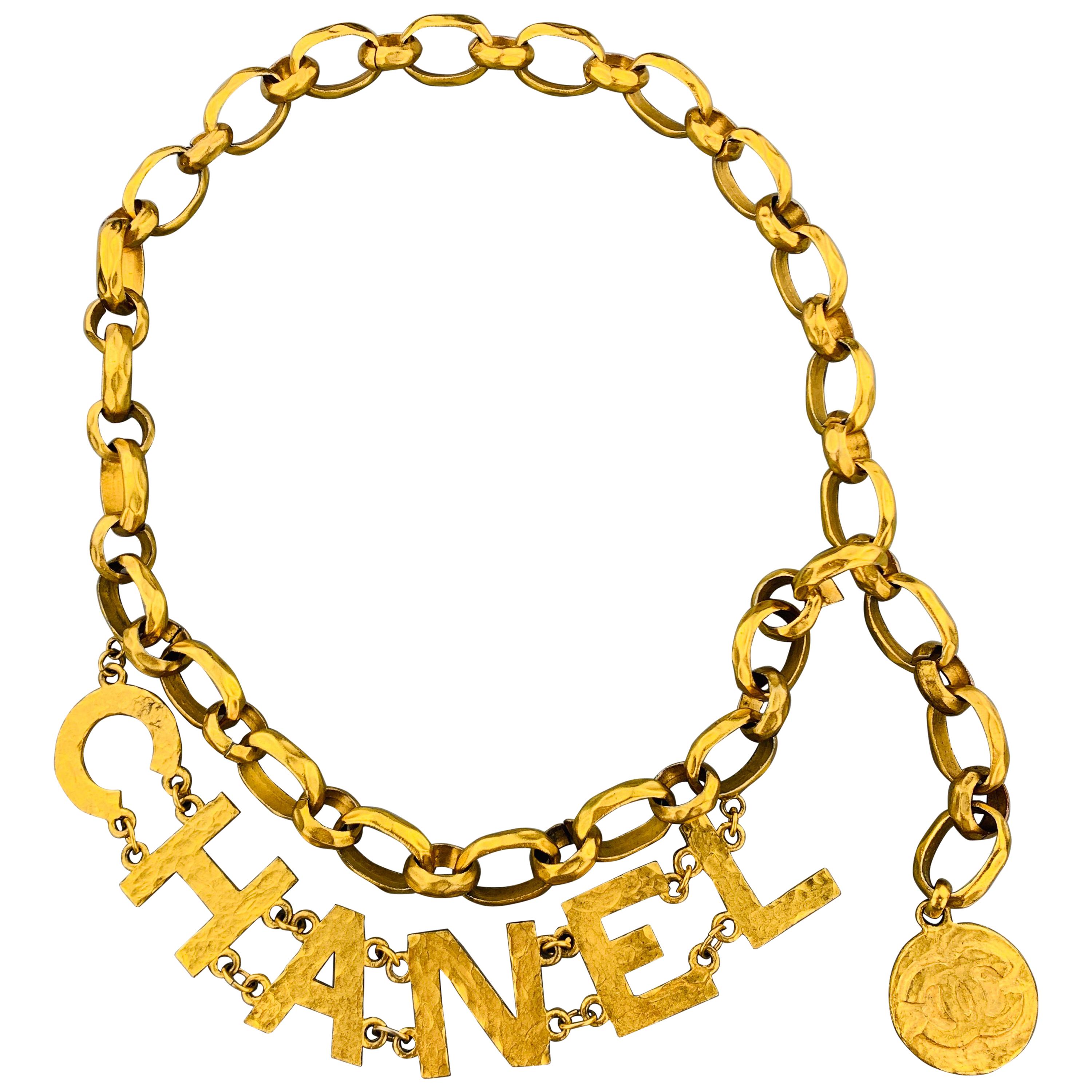 CHANEL 1993 Vintage Gold Tone Hammered Metal Chain Letters Necklace Belt