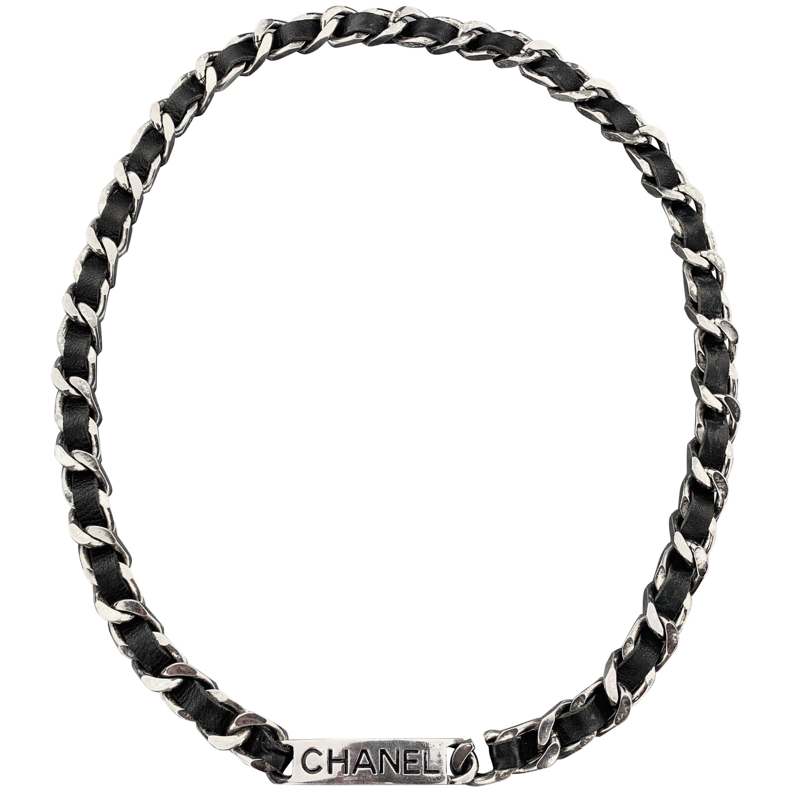 CHANEL 1996 Silver Tone Metal Black Leather Woven Curb Chain Label Plaque Belt